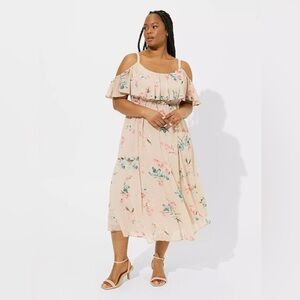 TORRID Light Floral Tea Length Chiffon Cold Shoulder A-Line Dress
